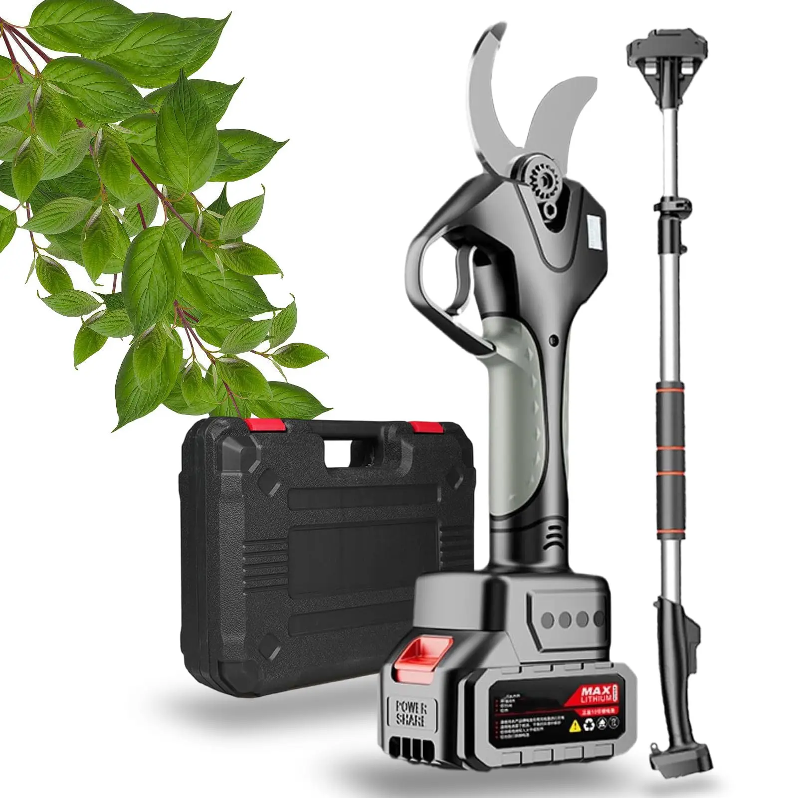 50mm Electric Pruning Shears, Portable Electric Secure Scissors Cordless Pruning Shears with Telescopic Poles from 1.3 to 2.1m