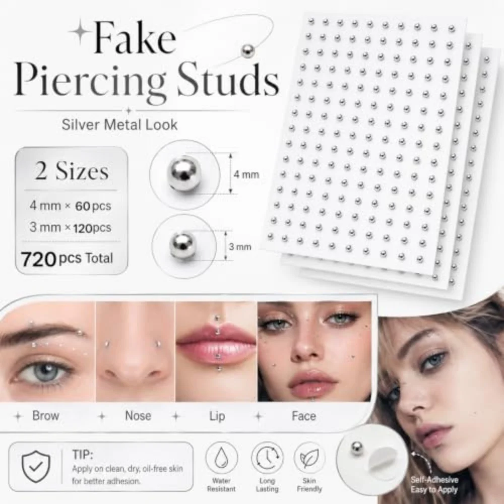 Self Adhesive Fake Piercing Stud Stickers Set Silver Metallic No‑Pierce Face Body Decals with Tweezers for Halloween Cosplay
