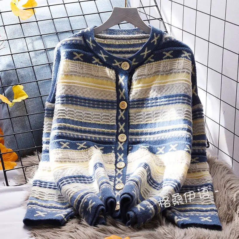 Stripe Sweater Coat Women Loose Cardigan Spring Korean Version Long Sleeve Round Neck Slim Knitted Cardigan Sweater Female