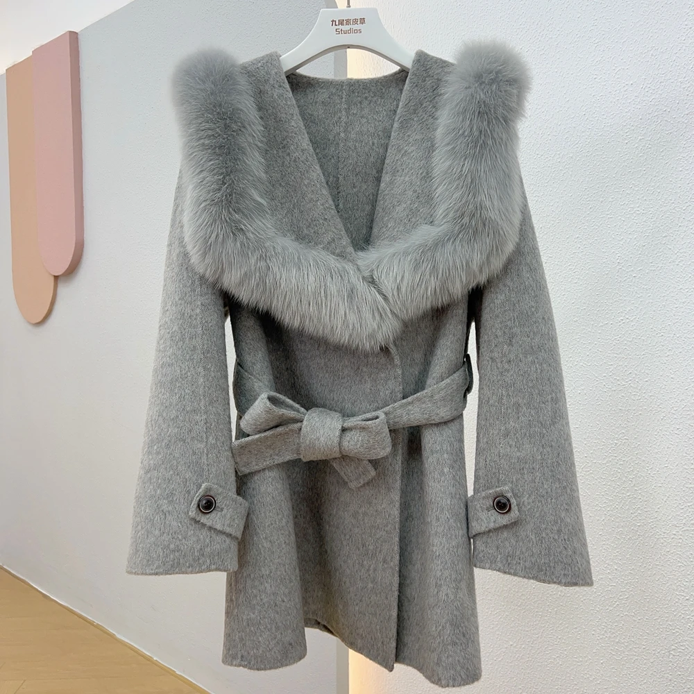 

Winter Women's Real Natural Fox Fur Coat 100% Wool Cashmere Warm Jacket Luxury Thick Female Coat Woolen Ladies Outerwear