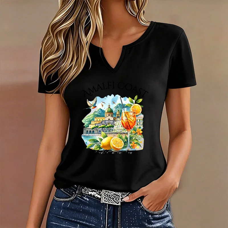 Fashion Summer Spring T-shirt V Neck Casual Y2k Amalfi Coast Lemon Printed T Shirts Women Short Sleeve Tee Shirt V-Neck Shirt