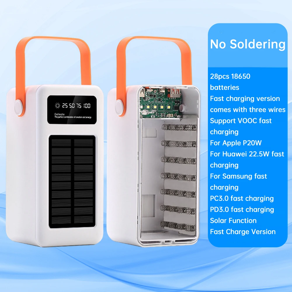 28 Solar 18650 Flat Head Battery Power Bank Welding Free Kit 22.5W Fast Charging Mobile Power Kit Easy Assembly