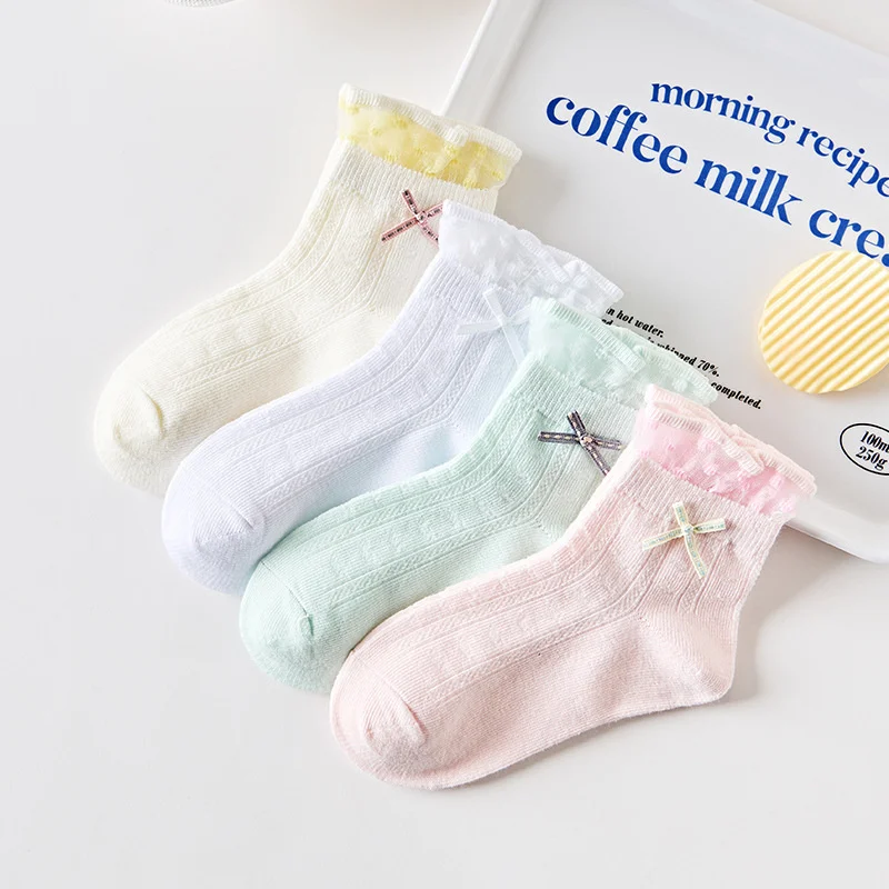 

KID Girl Princess Socks Small Lace Summer Thin Breathable Girl Bow Student Spring Autumn Pure Cotton Socks For Children