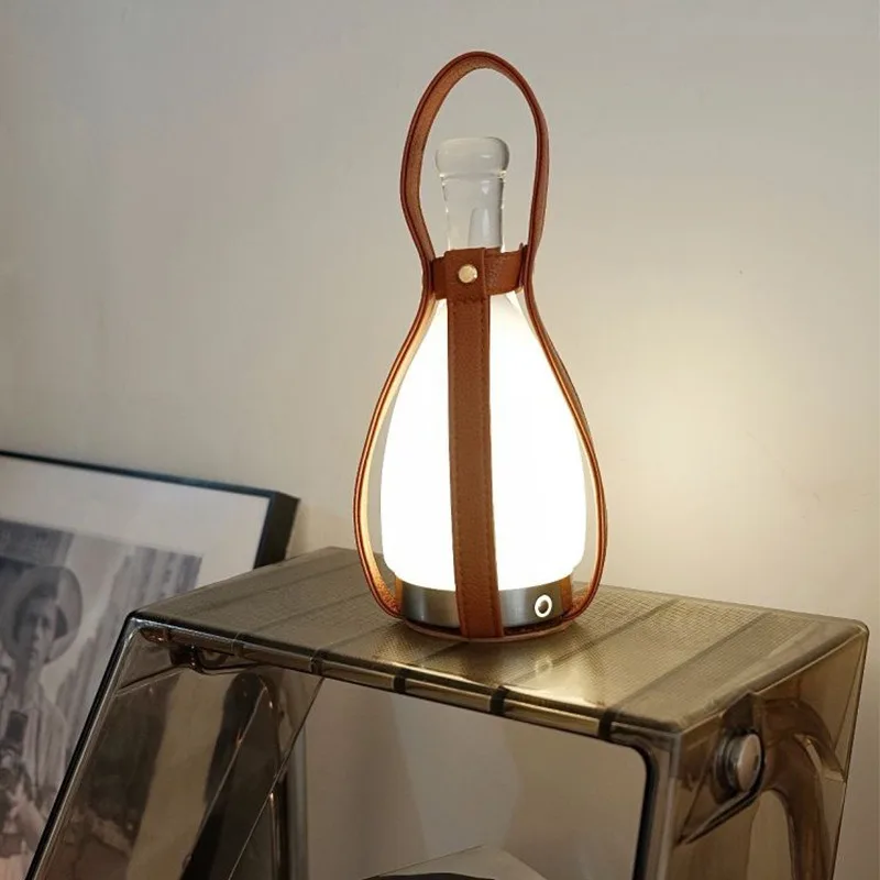 Portable wine bottle rechargeable desk lamp living room decoration dimming bedside lamp leather outdoor night light