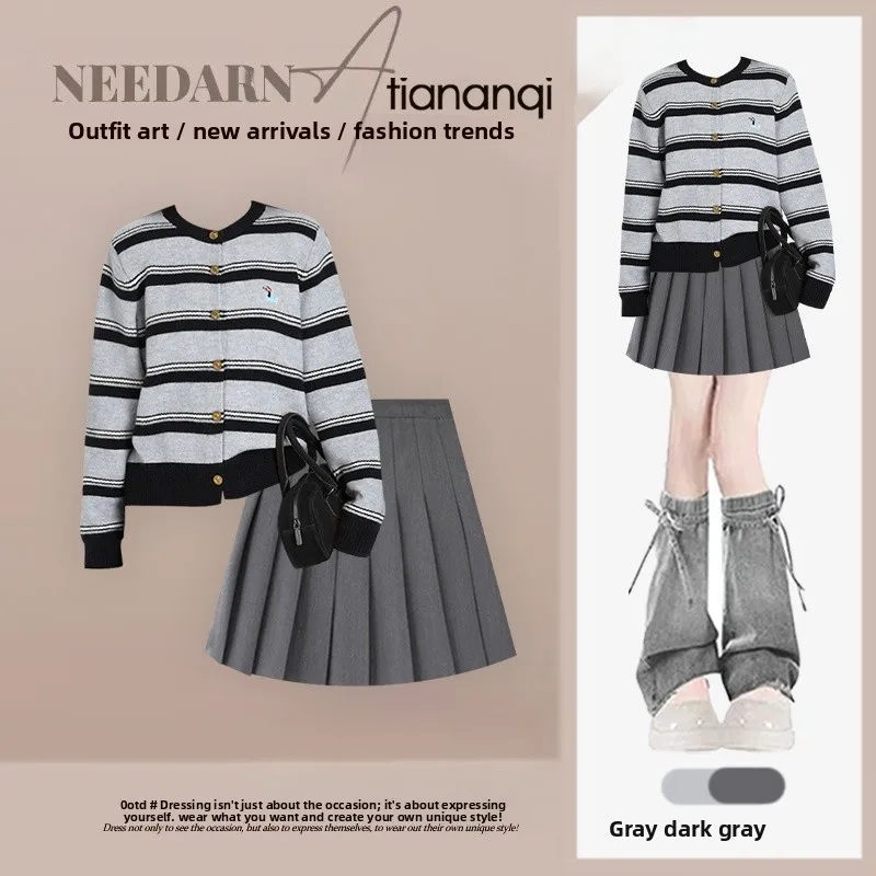 Autumn New Arrival Vintage Striped Embroidered Knitted Cardigan Top Beautiful Skirt Set Slimming Pleated ort Skirt Two Piec...