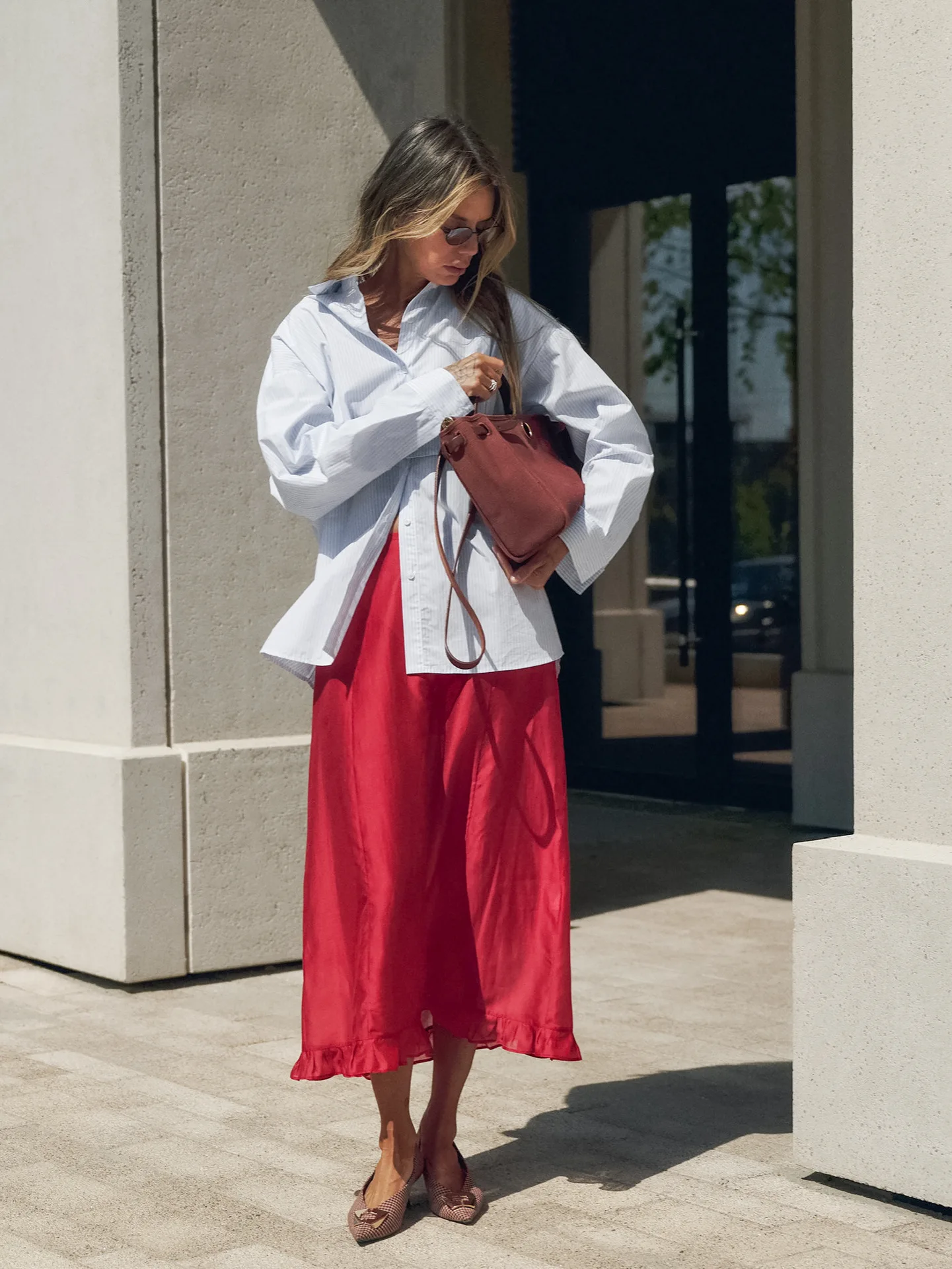 Autumn Vintage Loose High Waist Skirts Casual Ruffles Mid Calf Skirt Street Chic Red Long Trumpet Skirts For Woman