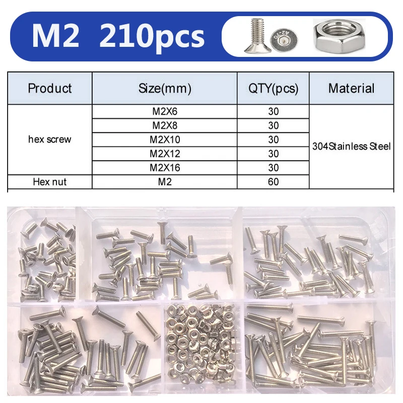 Innensechskantschrauben-Set M2 M2.5 M3 M4 M5 M6 aus 304 Edelstahl, Senkkopfschrauben mit Innensechskant und Mutter – Detail 10