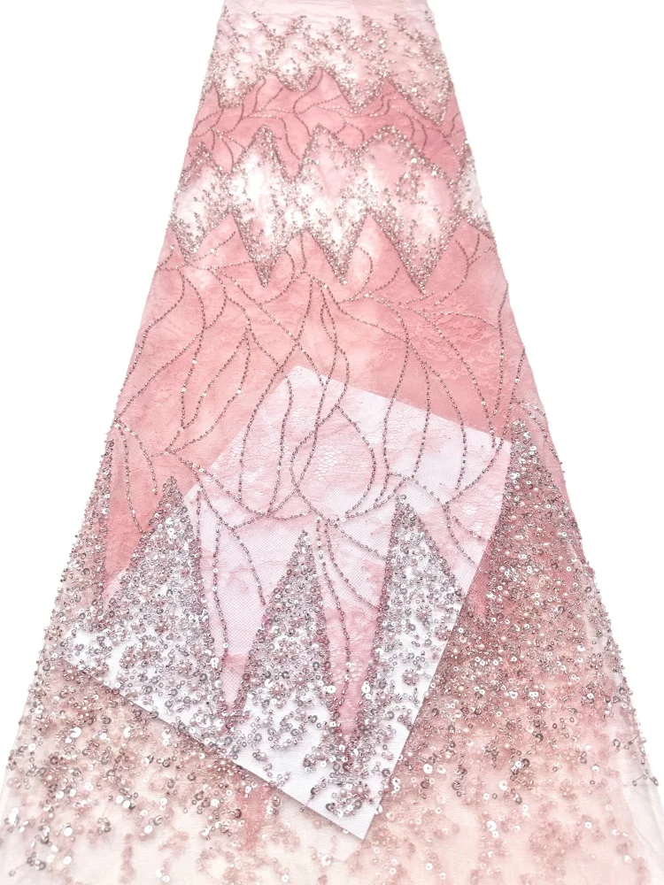 African Beaded Lace Fabric High-Quality Nigerian Tulle Mesh Sequined Lace Fabric Suitable for Sewing Women's Garments