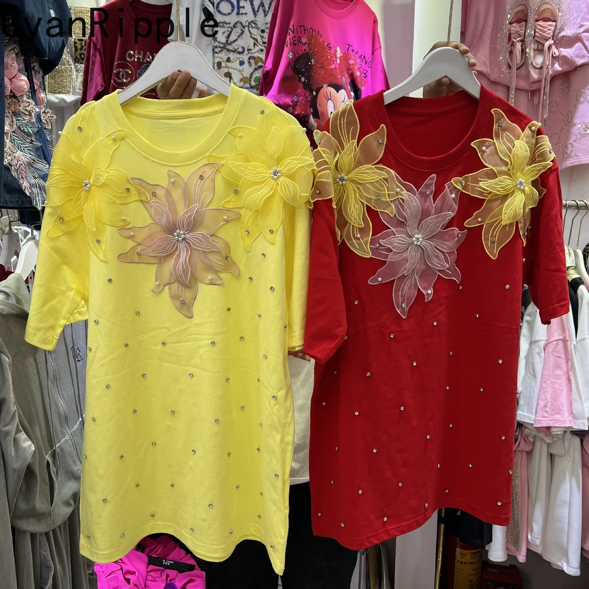 3d Flowers Diamonds Loose Short Sleeve T-shirt All-match New Spring Summer Round Neck Pullover Top Fashionable Cotton Basic Tees