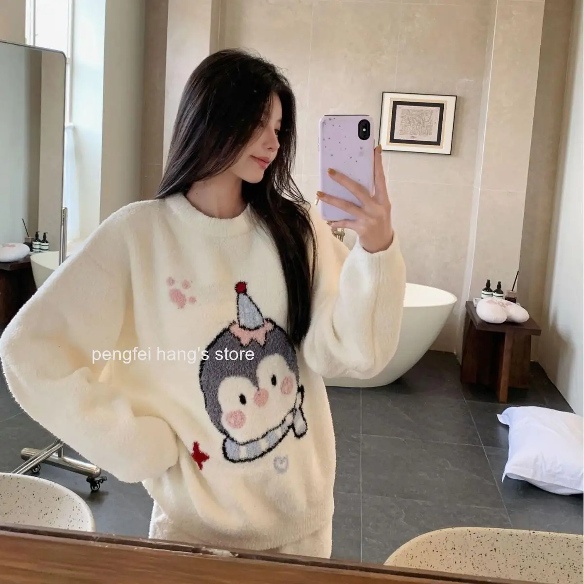Women Autumn Winter New Cartoon Half Sided Fleece Pajama Set Round Neck Girls Thick Warm Casual Soft Loungewear Sleepwear Suit