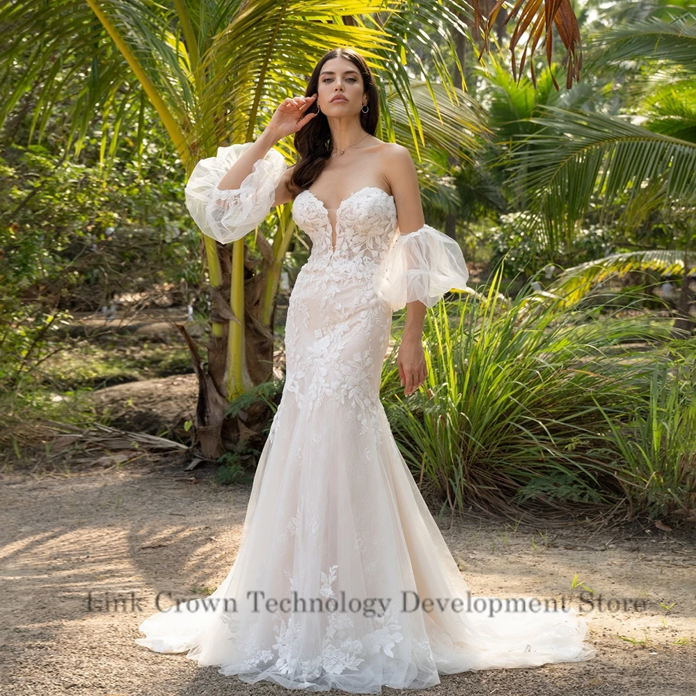 

Champagne Strapless Wedding Dresses with Lace Mermaid Bridal Gowns for Women 2024 Summer Court Train Vestido De Novia New