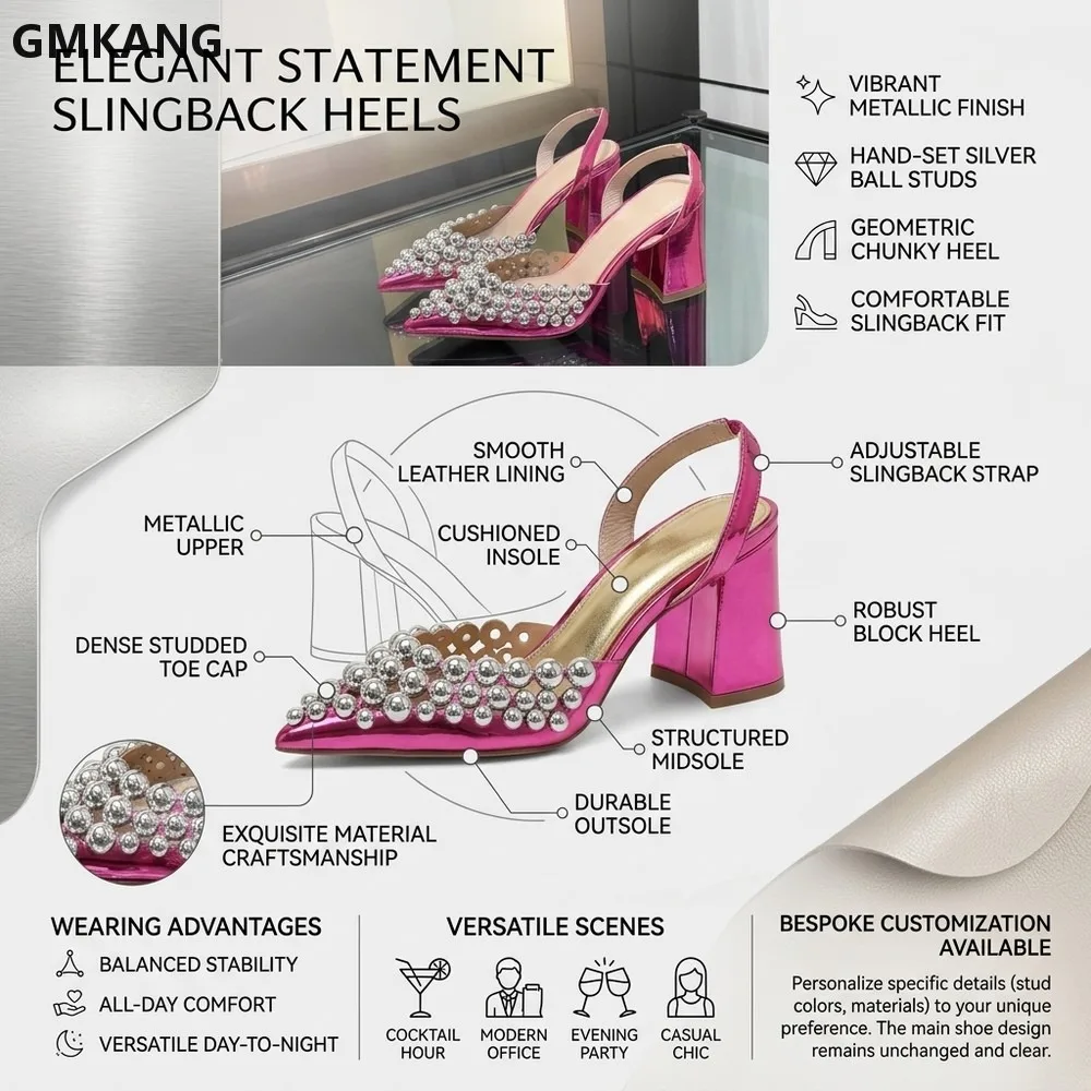 26SS Women’s Pointed Toe Platform Sandals, Metal Bead Studded, Thick Sole, Comfortable Heel, Versatile for Party & Daily Wear