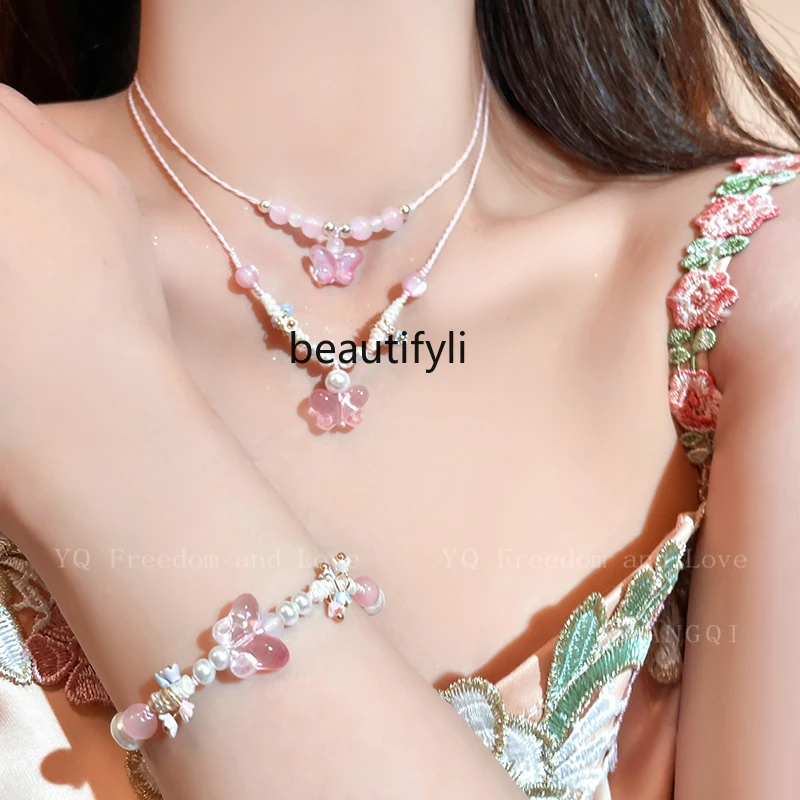 Pink Butterfly Braided Rope Glass Pearl Pendant Necklace Summer High-Grade Versatile Clavicle Necklace Accessories