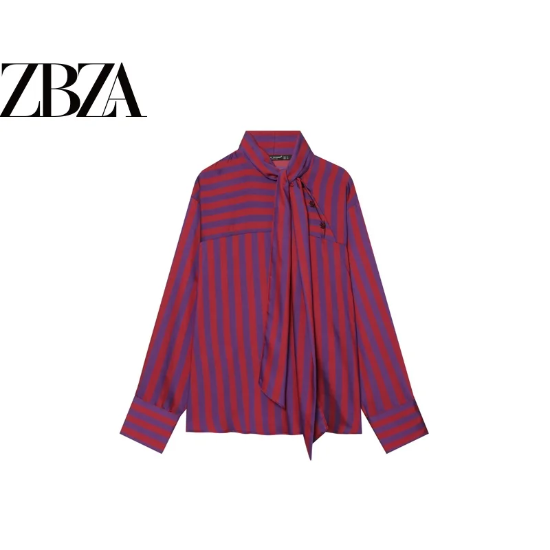 Fashionable Long Sleeve Stripe Shirt with  Knot Double Front Button Stand Collar Women's Breathable Polyester Blouse