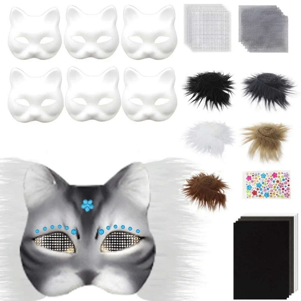 DIY Kit Blank Cat Mask Making Kit Fabric Straps Plush Faux Fur Animal Half Face Mask Painted Paper Mache Costume Accessory Set