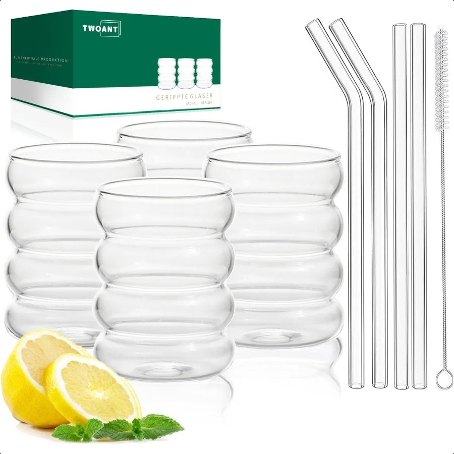 

Ribbed Drinking Glasses with Glass Straws Set of 4 13 oz Wave Bubble Glass Tumbler Aesthetic Cup Iced Coffee Glasses Cocktail G
