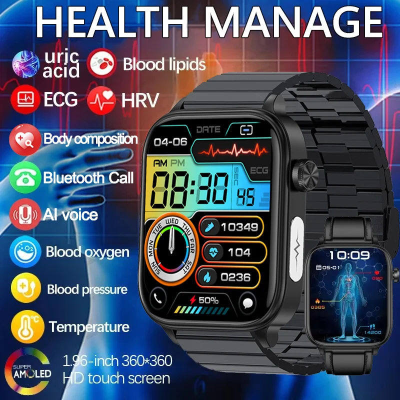 2025 New AI Diagnosis Blood Lipids Uric Acid Body composition Test Smart Watch For Men ECG+PPG Bluetooth Call Health Smartwatch