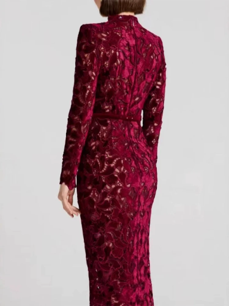 

Casual Long Sleeve Solid Slim Gowns Sexy Lace Jacquard Hollow Out Evening Dress 2026 Women Fashion O-neck High Waist Long Dress