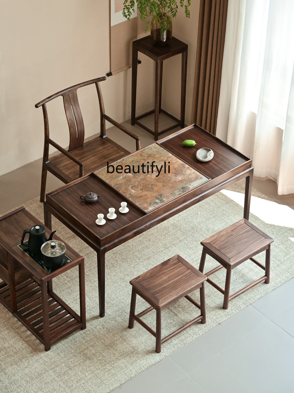 

New Chinese balcony tea table and chairs black walnut coffee table long strip storage tea table