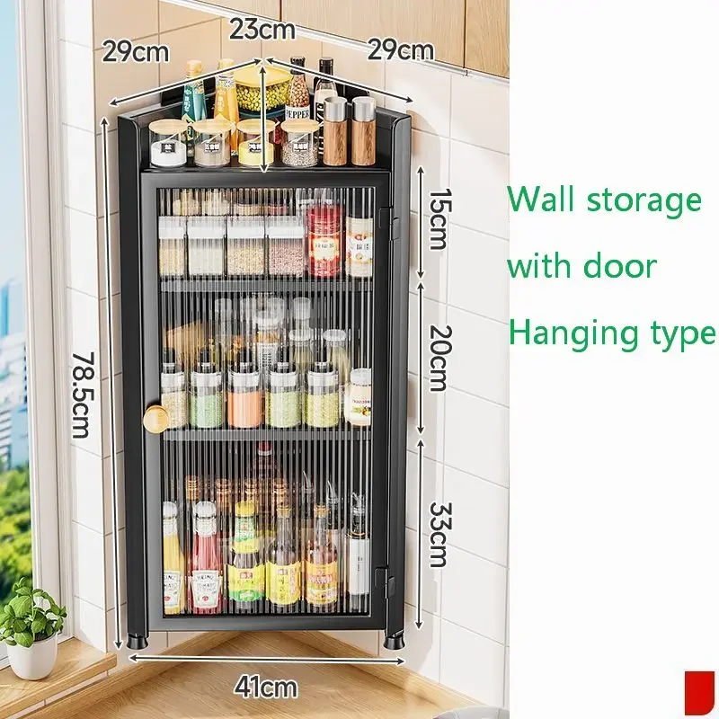 Corner Wall Shelf Triangle rack hanging storage with door condiments Dustproof Kitchen item Desk closet organizer