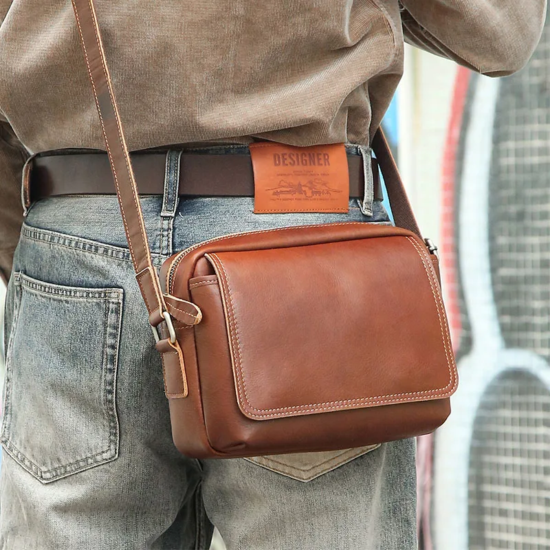 Vintage Men Real Leather Crossbody Sling Bag Daily Use Shoulder Messenger Bags Retro Genuine Cowhide Satchel Outdoor Travel Work