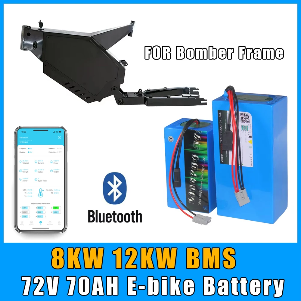 72V 70AH Lithium Battery Pack with 150A 200A Bluetooth BMS Electric bike Bomber Frame Battery FOR 3000W 8000W 12000W Free Tax