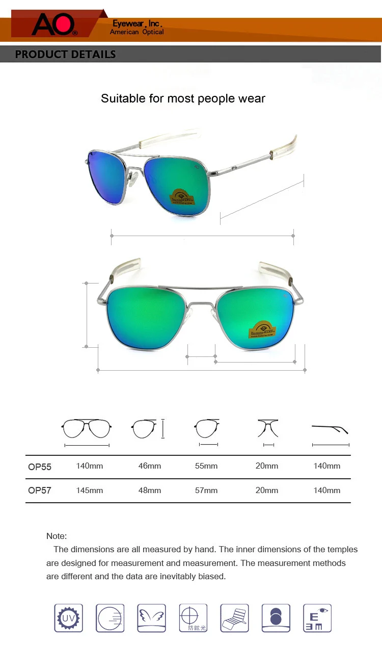 AO Sonnenbrille Mann USA Armee Militär Luftfahrt Pilot Sonnenbrille Glaslinse Frau Luxusmarke Retro Titan Rahmen Hohe Qualität – Detail 4