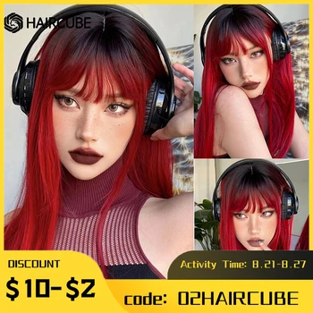 HAIRCUBE Perruque synthétique lisse ombrée noire naturelle pour femmes, perruque longue rouge avec frange, perruque en Fiber résistante à la chaleur pour fête Cosplay