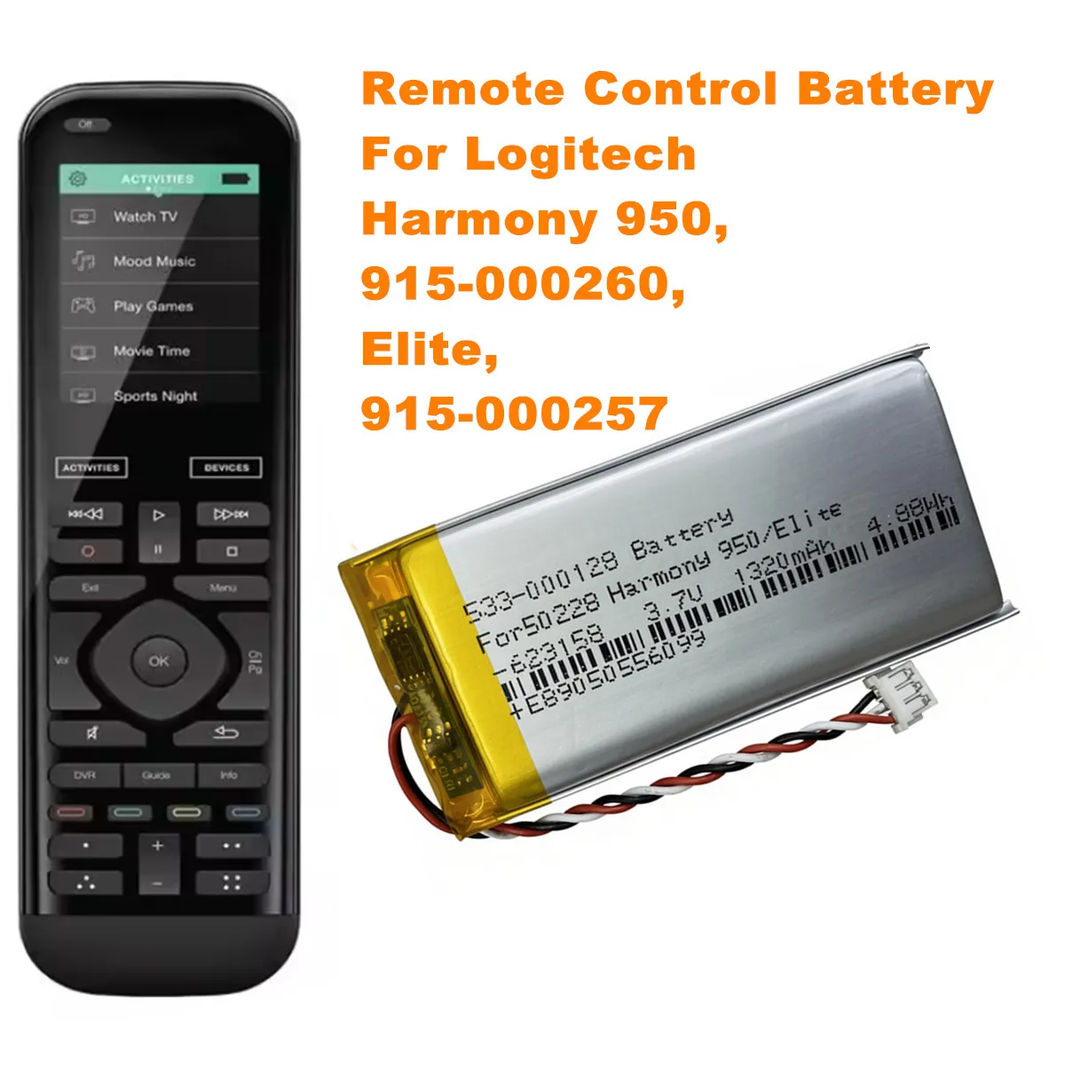 1320mAh Wireless Remote Control Battery 533-000128, 623158 for Logitech 915-000257, 915-000260, Elite, Harmony 950