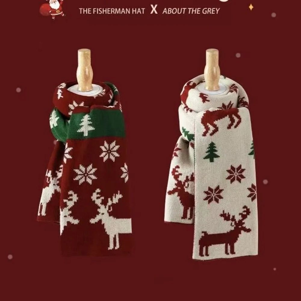 Faux Cashmere Scarf Elegant Christmas Knitted Scarf Red Scarf With Reindeer Comfortable For Christmas School Shopping