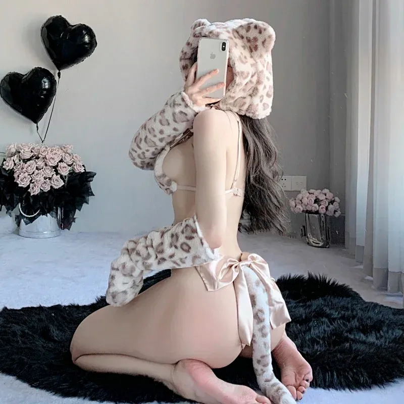 Kawaii Cat Woman Costume Japanese Lingerie Cosplay Sexy Polka Dot Accent Leopard Plush Bra Panties Bikini Uniform Roleplay Set