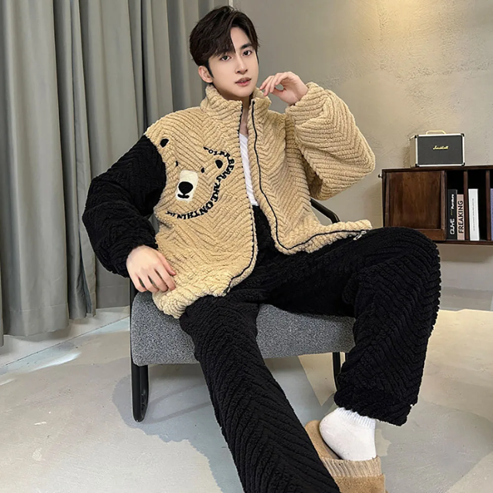 

4XL Big Size Men's Winter Pajamas Set Warm Thicken Plush Flannel Sleepwear for Sleeping Fashion Zipper Cartoon Pijama Hombre