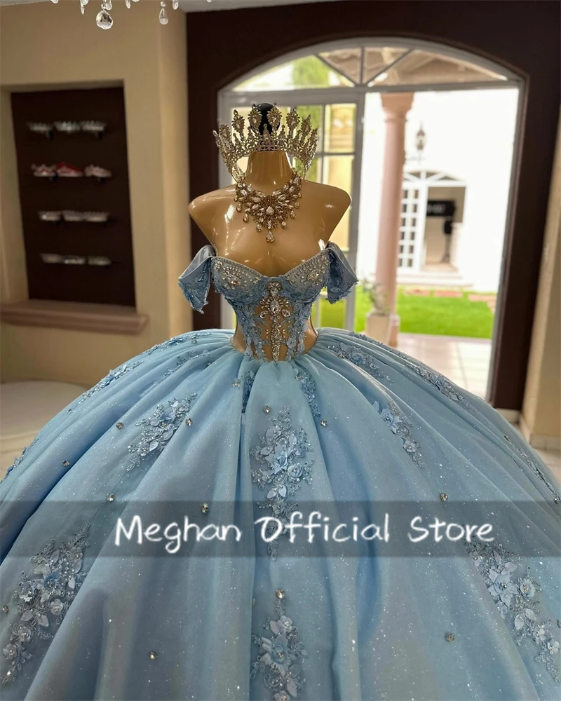 فساتين Quinceanera مزينة بالخرز الأزرق ، ثوب الكرة ثلاثي الأبعاد ، زهرة ، فستان فاخر بعيد الميلاد قبالة الكتف ، ثوب رسمي مخصص #3