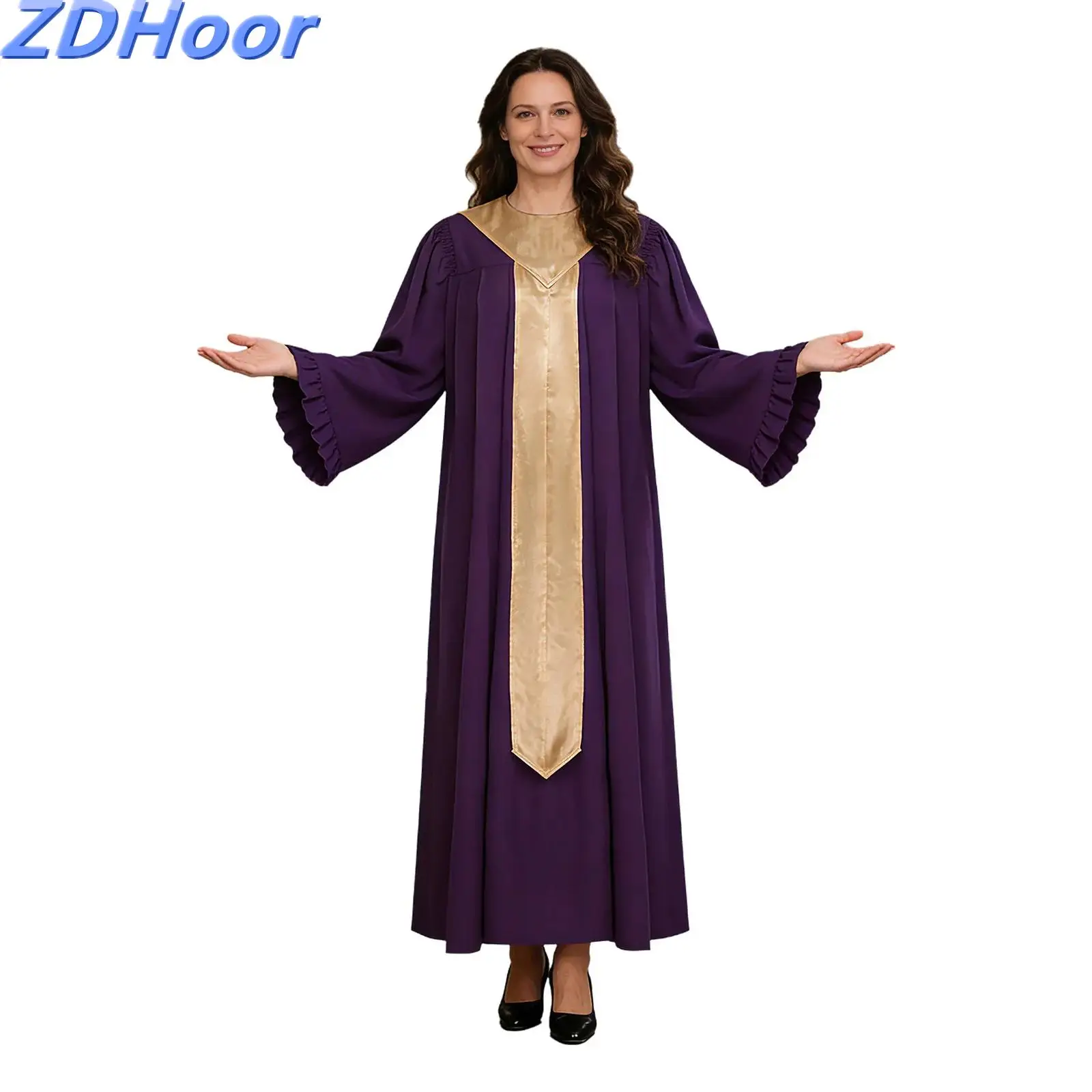 

Womens Choir Robe Flared Long Sleeve Ruffled Trim Color Blocking Sash Long Robe Priest Cassocks for Church Activities