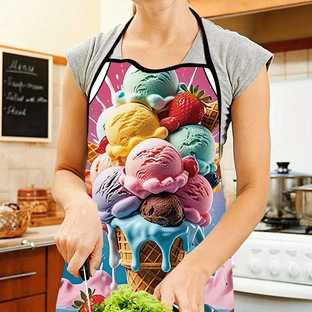Colorful Ice Cream Cone Kitchen Apron - Sweet Summer Dessert Graphic Linen Bib for Women Men Cooking Baking Party Gift