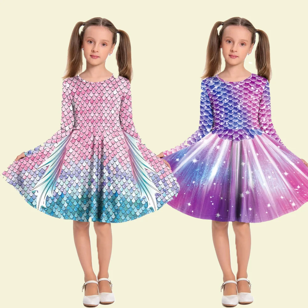 

Сверкающее платье с принтом рыбьей чешуи, карнавальные вечерние платья с длинными рукавами для девочек, костюмы русалки на день рождения, нарядное платье