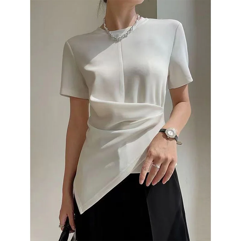 Elegant Design Summer 2026 Women's T-Shirt Short Sleeve Asymmetrical Folded Waist-Cinching Shoulder-Length White Top