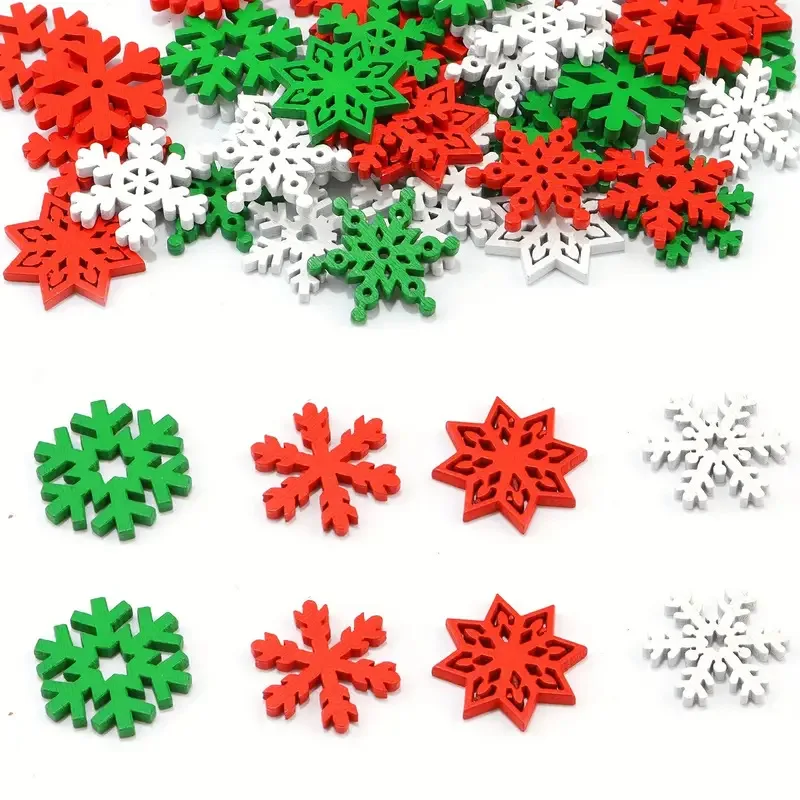 50pcs Snowflake Decorations Wood Slices Ornaments Christmas Cutouts Buttons Tags for Xmas Tree Hanging Painting DIY Crafts