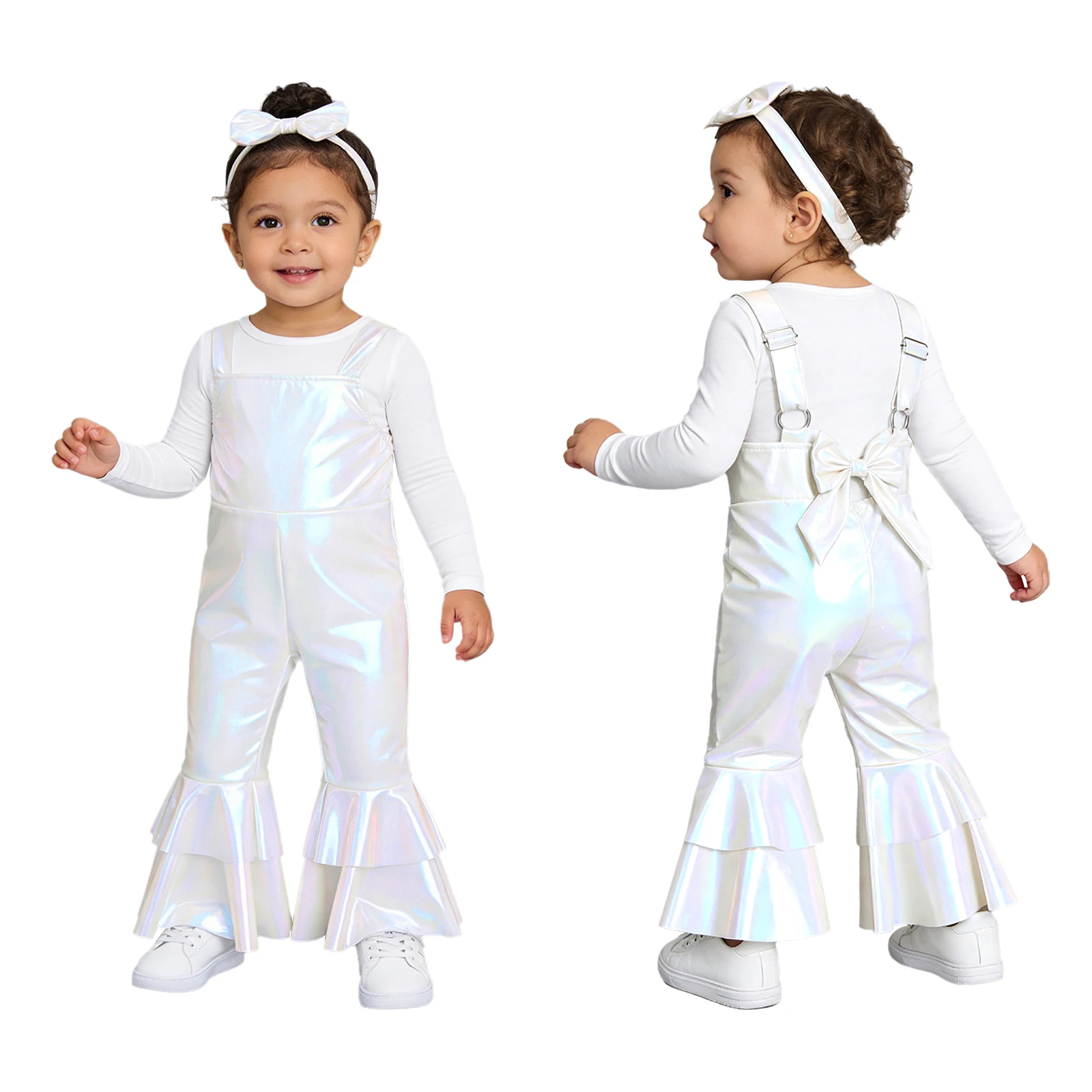 Baby Girls Metallic Bell Bottoms Romper Adjustable Straps Bow Overalls Jumpsuit with Headwear Birthday Party Photo Shoot Outfit