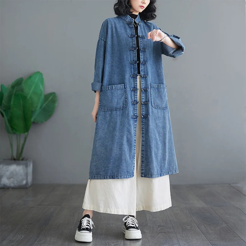 

Loose Longline Denim Sle Women's Jaet Chinese Sle High Waist Cotton Polyester Blend Long Sve Thi Autumn Coat