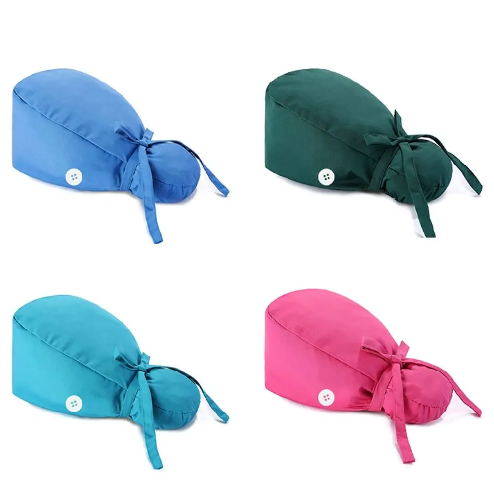 Gorros quirúrgicos ajustables para mujeres y hombres, gorro de trabajo, soporte para cola de caballo, sombreros de enfermería Bouffant con botones, turbante de pelo largo