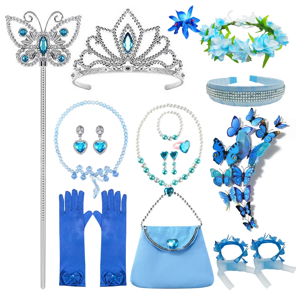 Cinderella Dress Charm Girls Jewelry Kids Crown and Magic Wands Glove Necklace Bracelet Earrings Set Wings Costume for Birthday