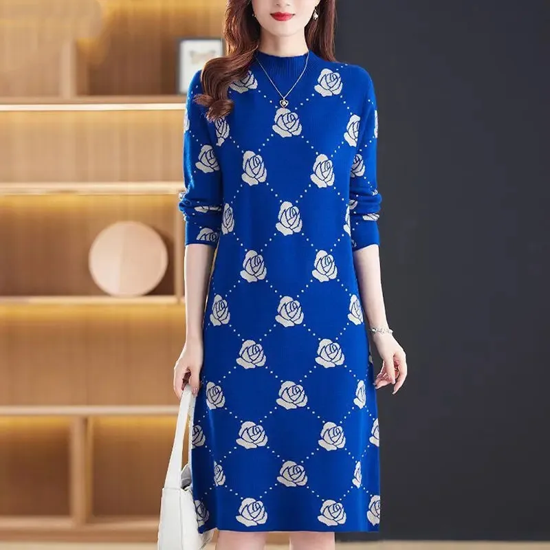 Gaun rajut wanita selutut model baru, gaun rajut musim dingin, Sweater panjang ramping, motif kebesaran, Busana baru, musim gugur, dan musim dingin, untuk wanita, 2023