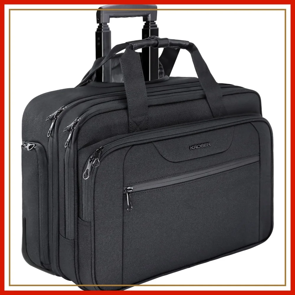 

Rolling Laptop Bag with Wheels Fits 17.3 Inch Computer, Overnight Travel Briefcase with RFID Pockets, Black