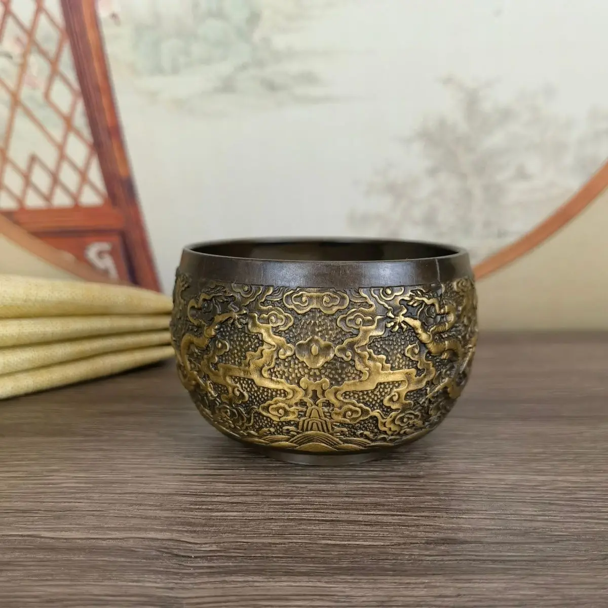 Chinese copper boutique antique collection retro double dragon nine dragon ashtray study decoration home furnishings