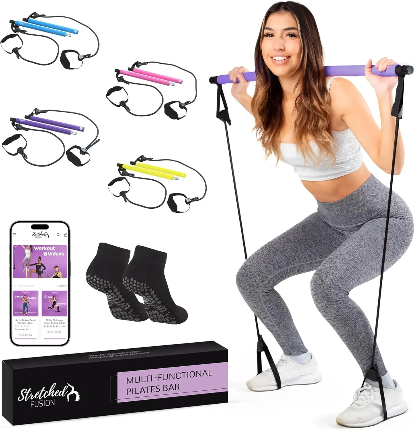 

Multifunctional Pilates Bar Kit with Resistance Band for Home Workouts, Includes Free Bonuses