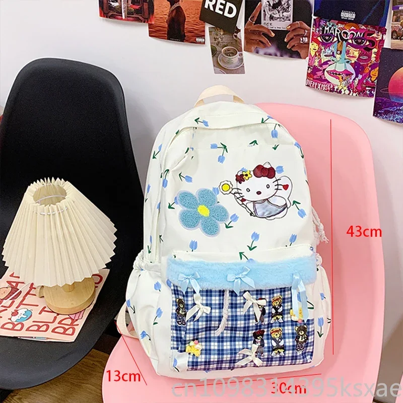   Рюкзак Hello Kitty для женщин и девочек, нейлоновая ткань, школьная сумка Kawaii, легкий, большой вместительный, с мультяшным принтом