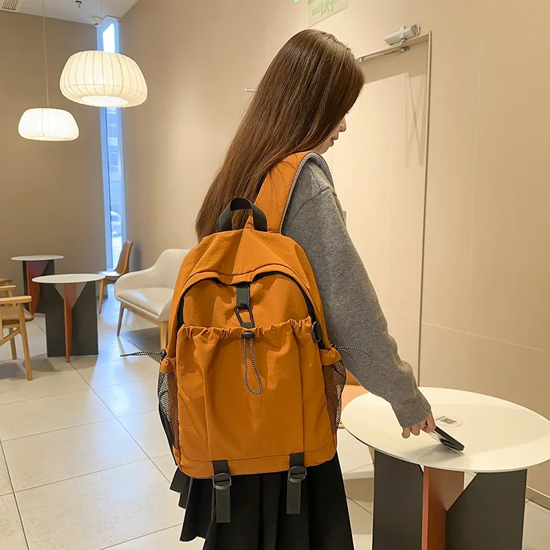 1PCS Nylon Backpack Trendy School Bag Large Capacity Shoulder Bag With Side Mesh Stylish Rucksack For Campus Outdoor Use