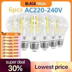 6pcs LED Edison Light Bulb 220V 60 Watt Equivalent E27 Vintage Clear Light Bulbs 6W 2700K Warm White 700 LM A60 LED Filament