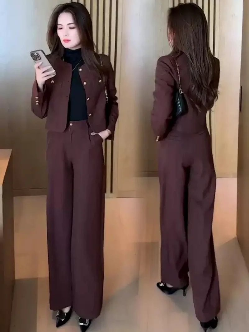 

Новый элитный элегантный женский комплект из двух предметов, осенняя мода, тонкая короткая куртка с круглым вырезом + широкие брюки с высокой талией, офисный женский костюм